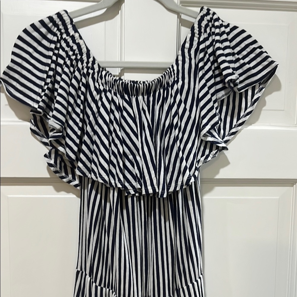 Navy and White Striped Dress Ruffle Off the Shoulder/One shoulder Maxi Dress